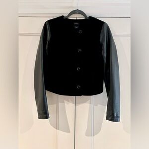 Club Monaco Black Cropped Jacket with Leather Sleeves, S/M, Excellent Condition